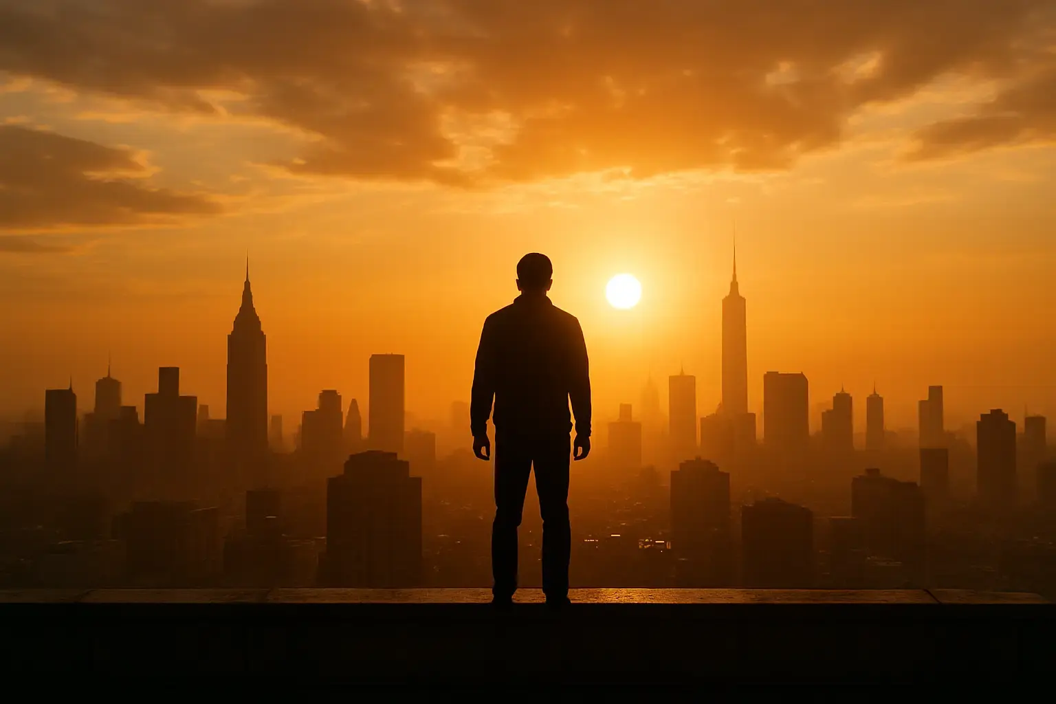 A powerful, realistic photo of a sunrise over a city skyline, with one person standing on a rooftop, silhouetted against the light. Symbolizing awakening, responsibility, and guiding the future. Editorial photography style.
