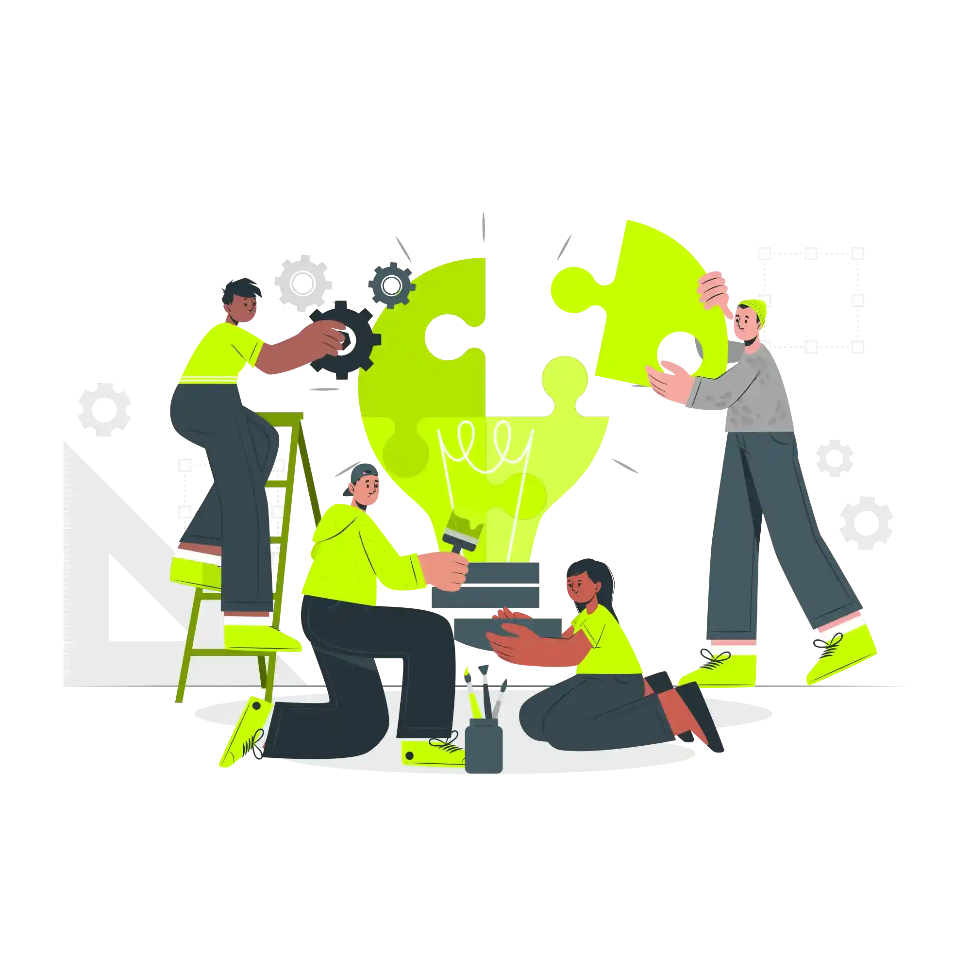 The third illustration shows two individuals working on a webpage. One person is sitting with a magnifying glass, possibly inspecting or reviewing content on a laptop, while another is standing and placing a large image on the webpage. This scene symbolizes collaboration in web development or design, focusing on the creative and evaluative process.