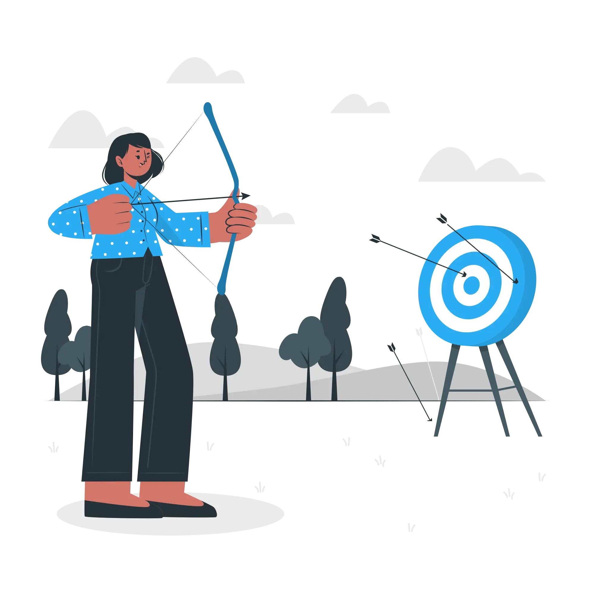 The second image depicts a person engaging in archery. A woman is shown drawing a bow, aiming at a target that stands at a distance. Some arrows have already hit the target, while others are nearby, symbolizing effort, focus, and precision in working towards a goal.